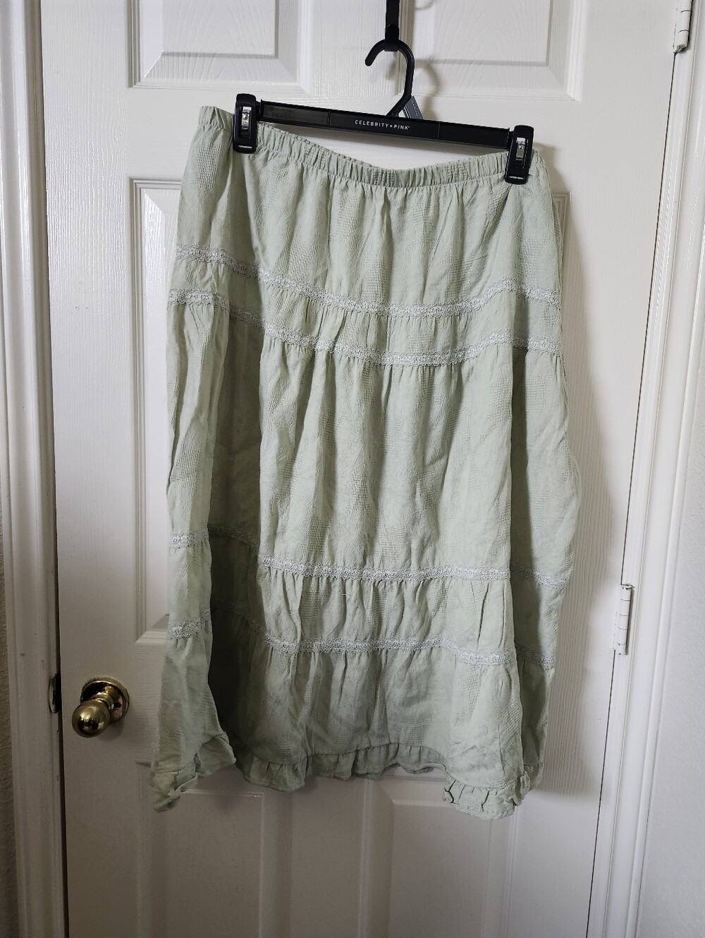Celebrity Pink Light Green Tiered Midi Skirt Pastel Stretchy Waistband